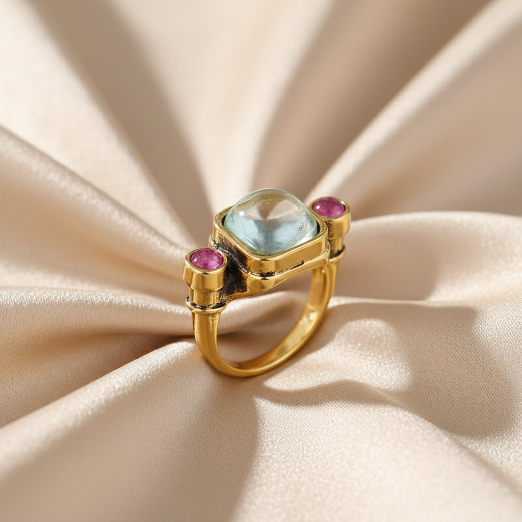 Vintage Inspired Alloy Ring with Blue/Pink CZ Bold Statement Piece