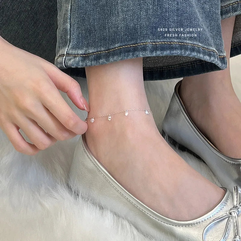 White Gold Plated 925 Sterling Silver Zircon Anklet - Sweet, Precious