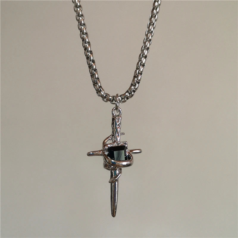 Stainless Steel Gothic Y2K Black Thorn Cross Heart Pendant Choker Necklace Selection