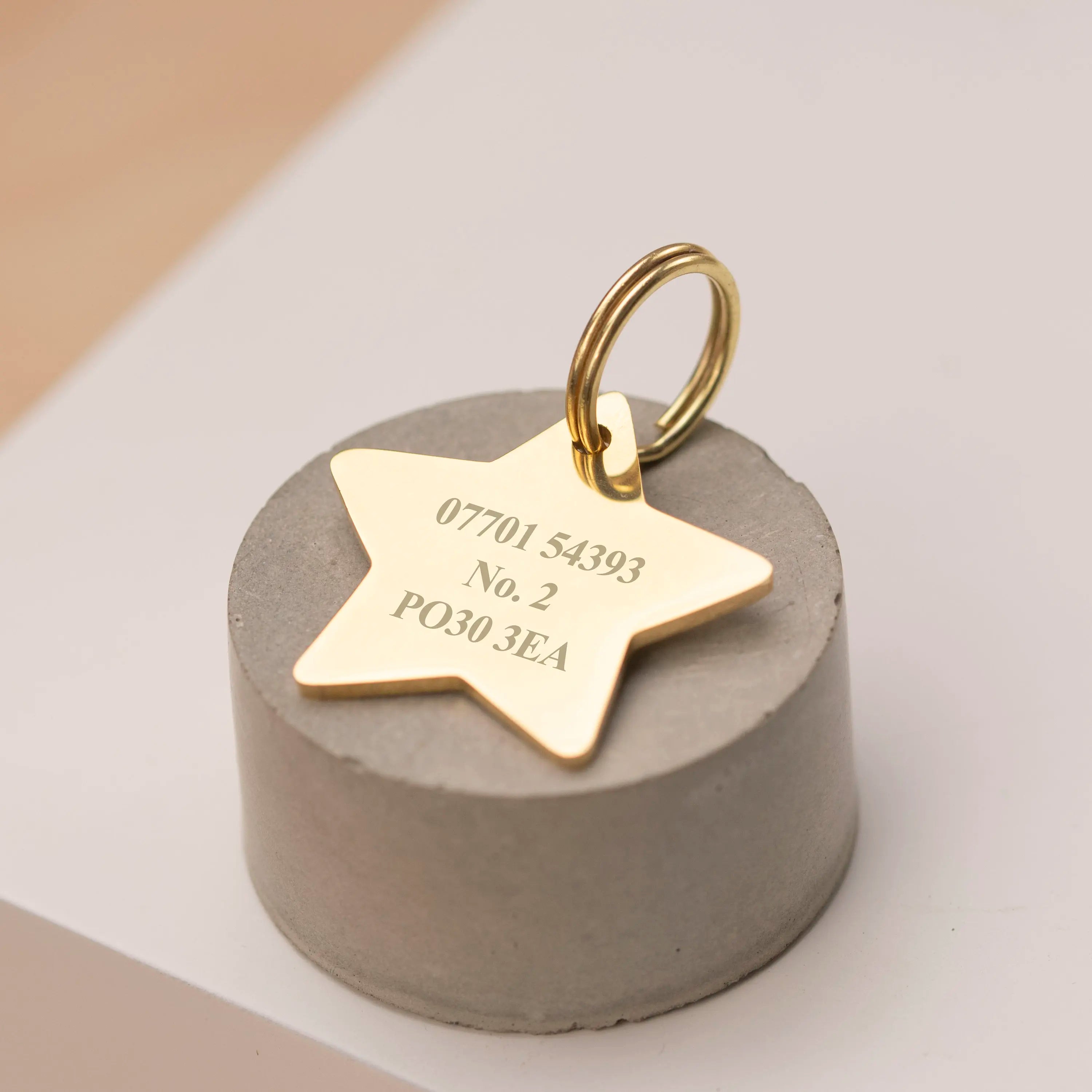 Thick Engraved Star Dog ID Tag Personalised Gold Tone Stainless Steel