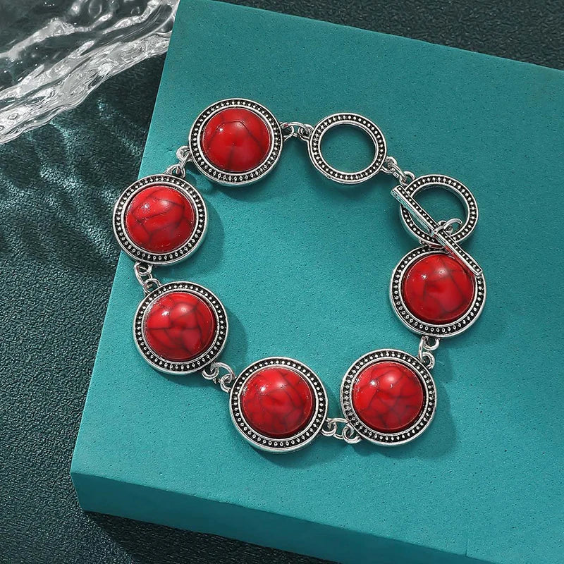 Large Round Faux Pearl Zinc Alloy Bracelet - Boho Style Bold Adjustable