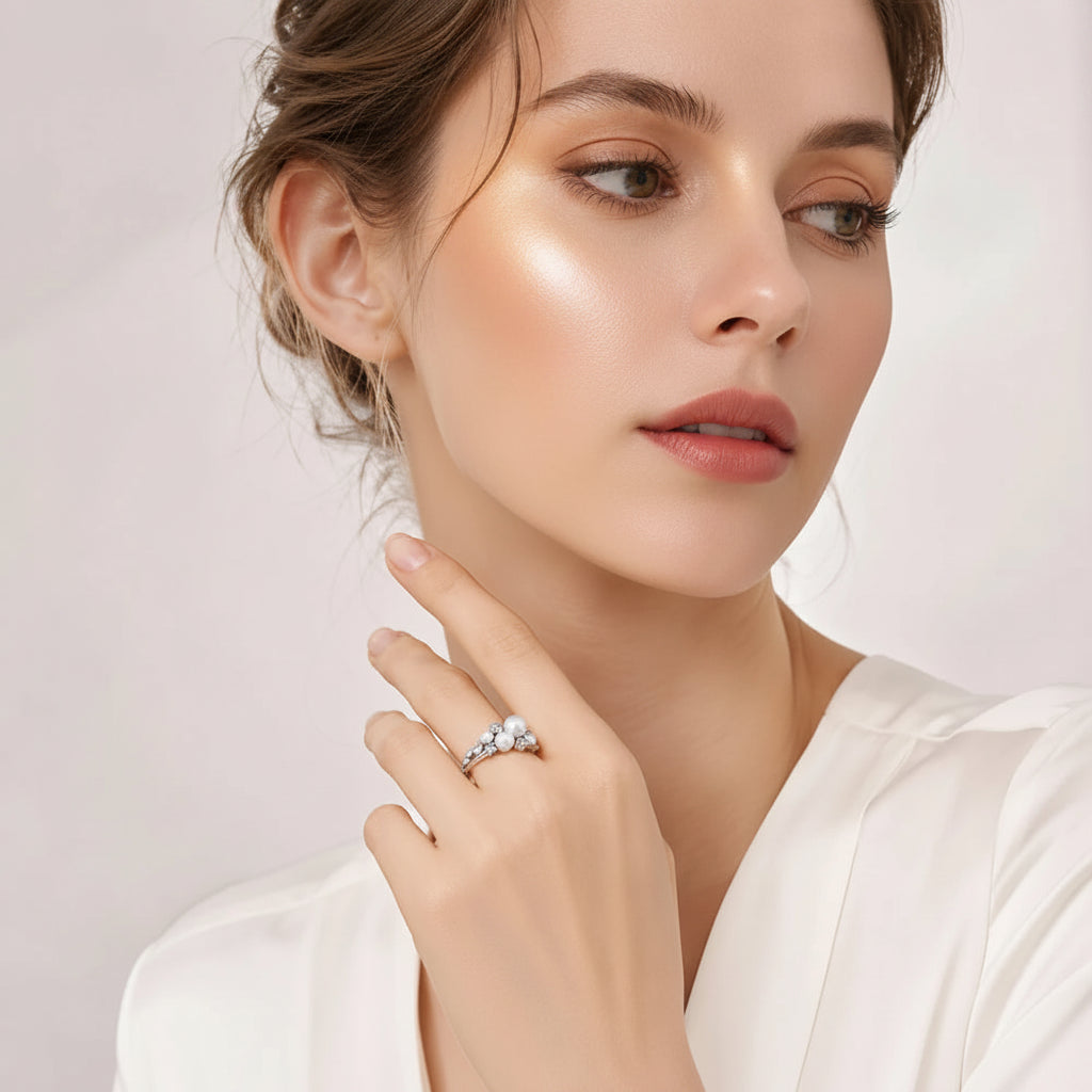 Freshwater Pearl Ring In 925 Sterling Silver with Zircon Stones