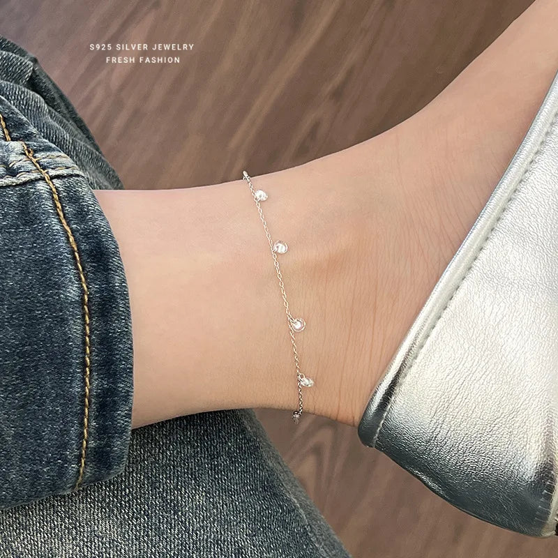 White Gold Plated 925 Sterling Silver Zircon Anklet - Sweet, Precious