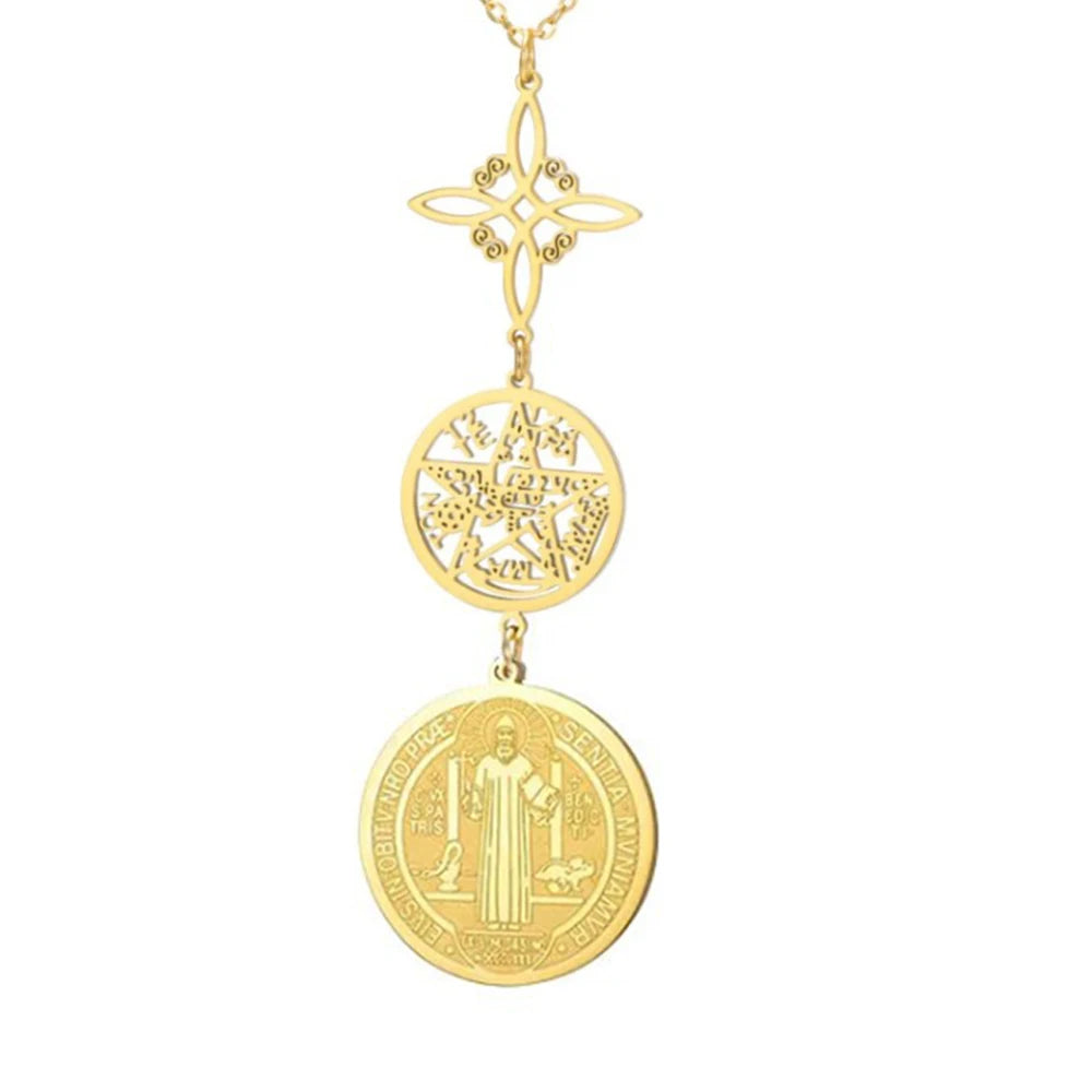 Triple Protection Stainless Steel Necklace: Witch knot, Pentagram Tetragrammaton, St. Benedict.