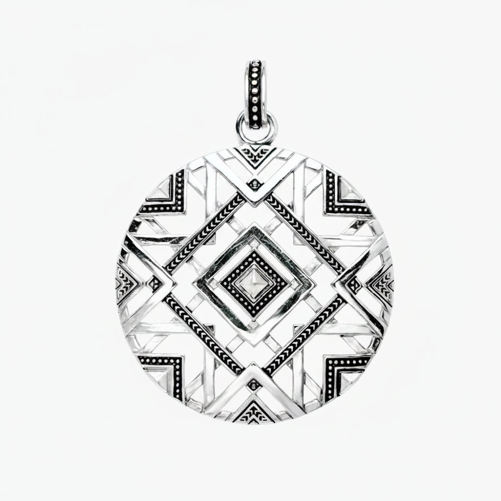 Unisex Large Round Ornament Pendant in 925 Sterling Silver