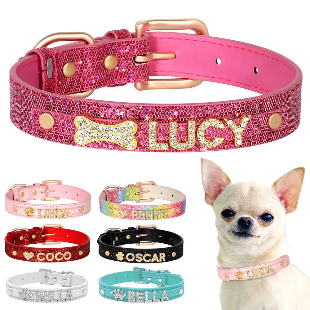 Faux Leather Dog Collar with Rhinestones - Customize, Engrave, Name Tag