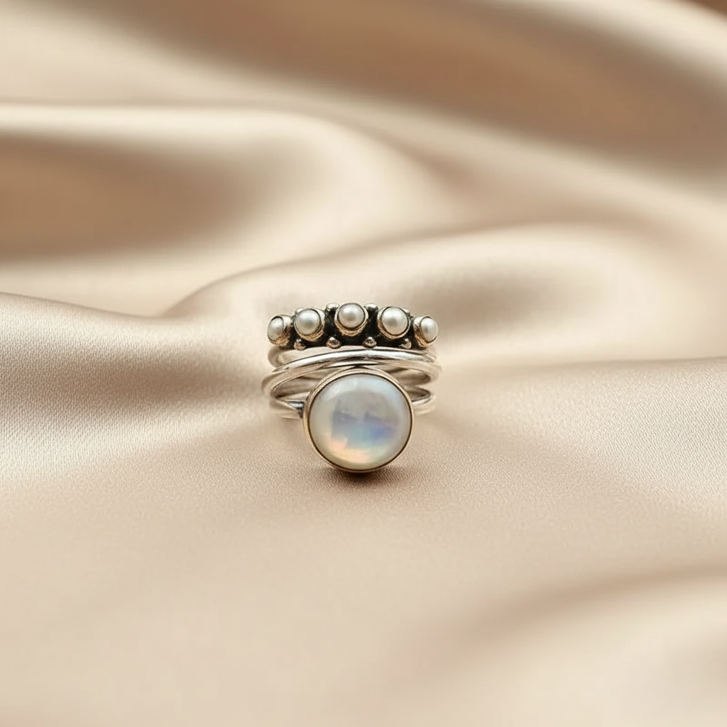 Vintage Inspired Simulated Pearl Stackable White Copper Ring - Bold, Unusual, Statement