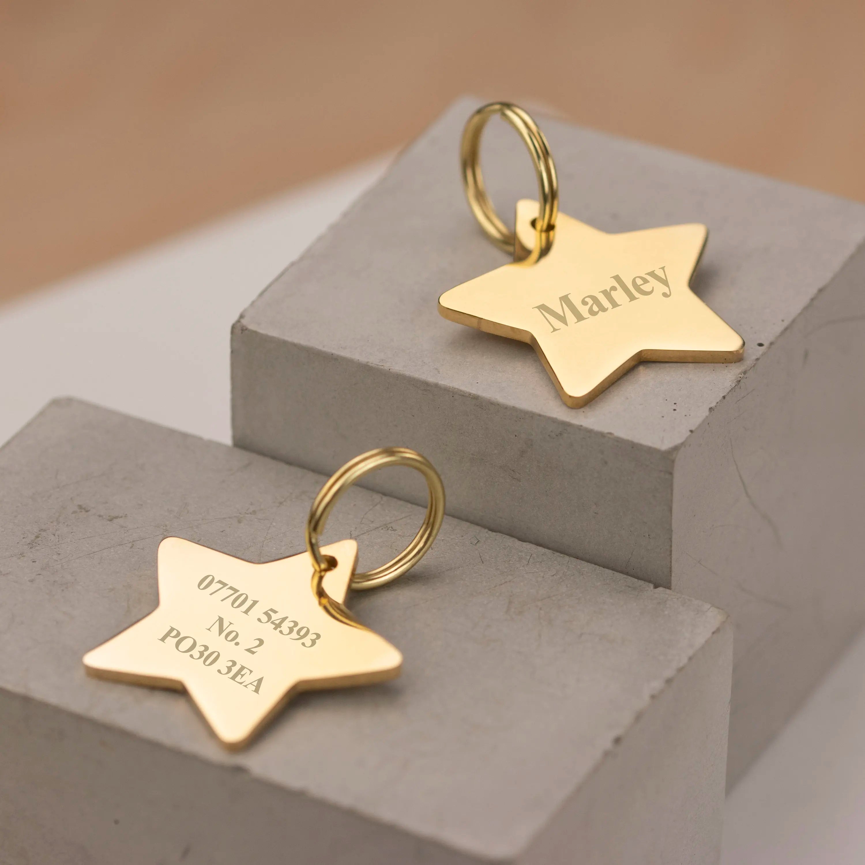 Thick Engraved Star Dog ID Tag Personalised Gold Tone Stainless Steel