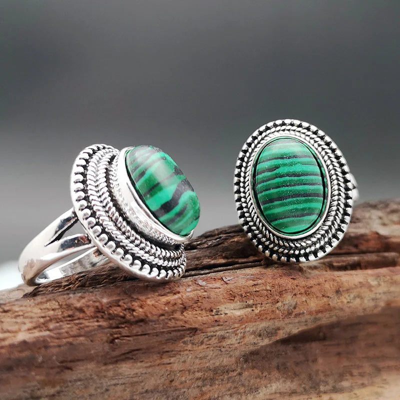 Oval Large Malachite Stone Silver-Plated Copper Ring - Bold, Statement Piece