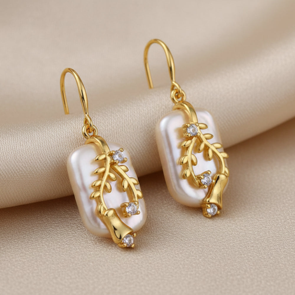 Gold Tone Copper Earrings with Faux Pearls & Zircons