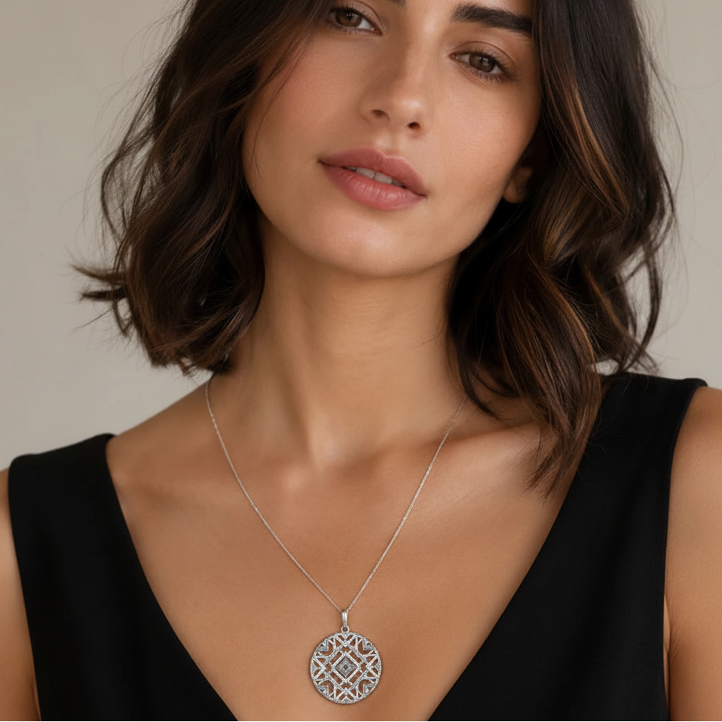 Unisex Large Round Ornament Pendant in 925 Sterling Silver