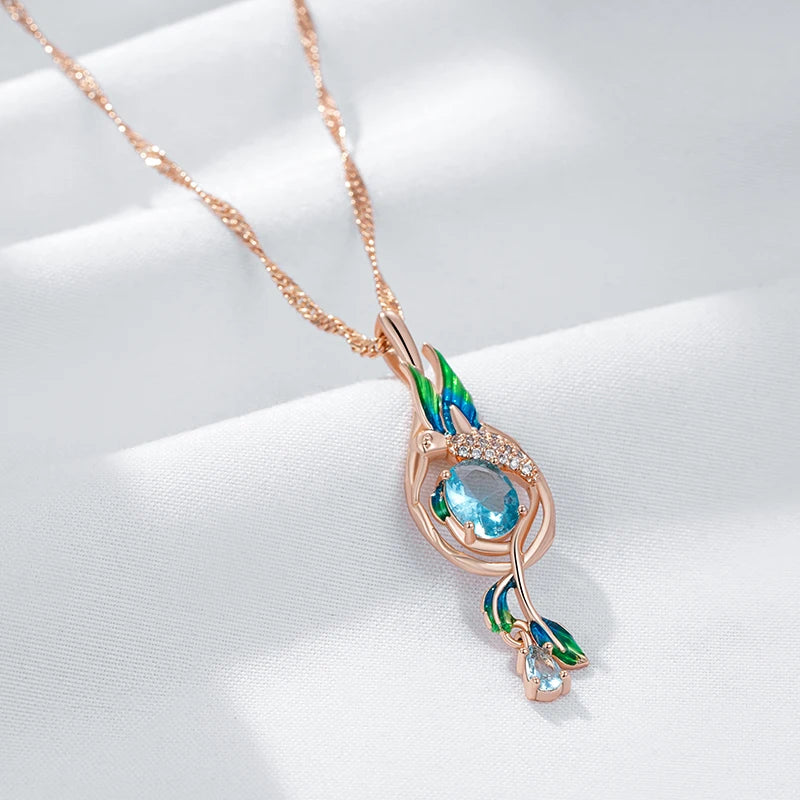 14K Rose Gold Plated Copper Peacock Pendant Necklace with Blue Natural Zircon