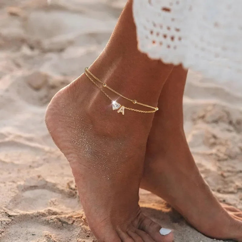 14K Gold-Plated Stainless-Steel Cubic Zirconia Heart Initial Anklet - Choose Yours