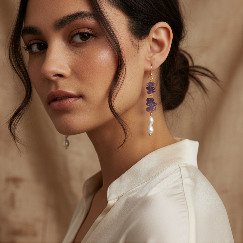 Handcrafted Natural Amethyst Freshwater Pearl Earrings