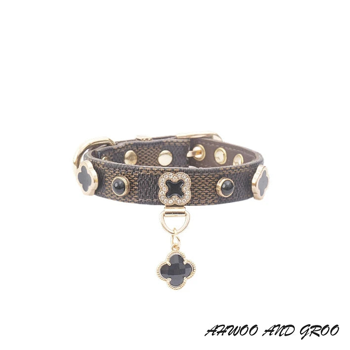 PU Leather Zinc Alloy Collar with Rhinestones & Clover Pendant