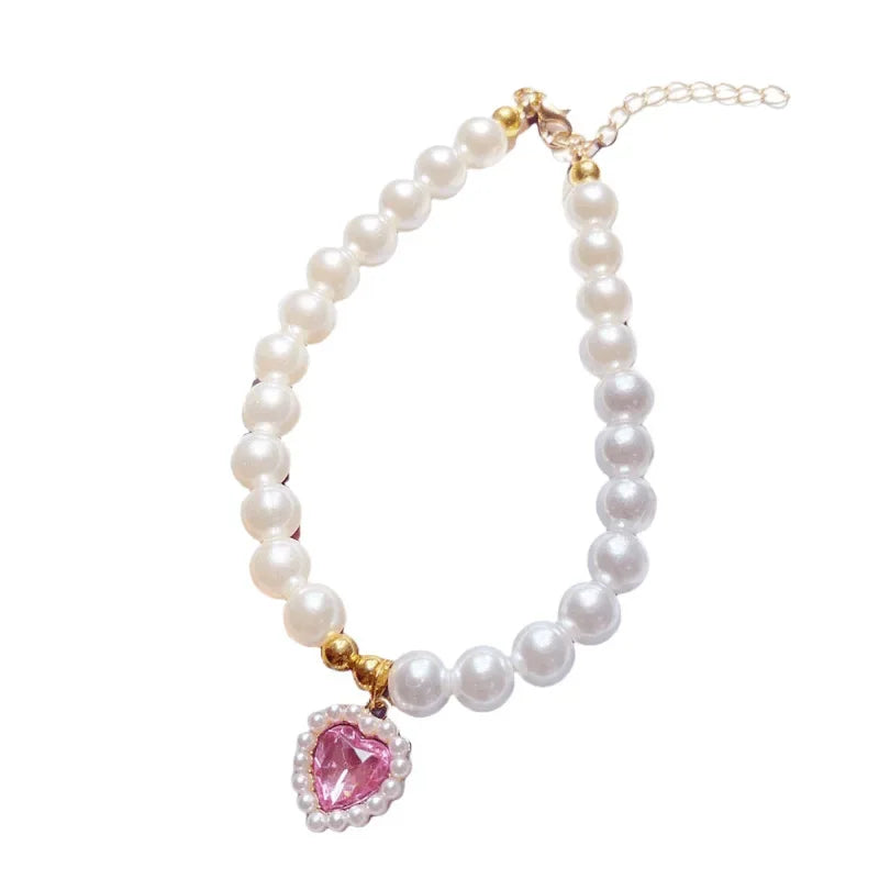 Faux Pearl Dog Necklace & Heart Rhinestone Pearl Pendant