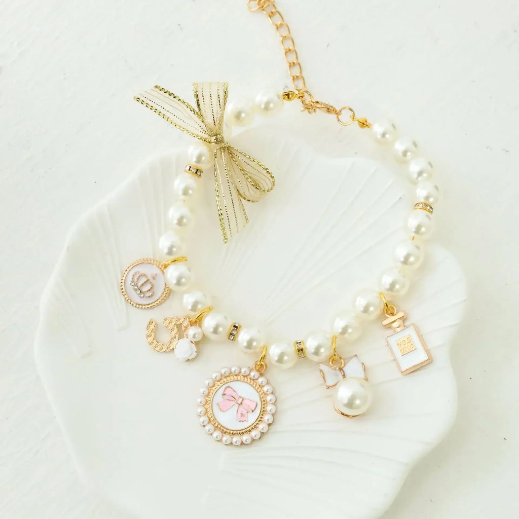 Pet Bow Pearl Necklace with Charms - Rhinestones, Faux Pearl, Princess