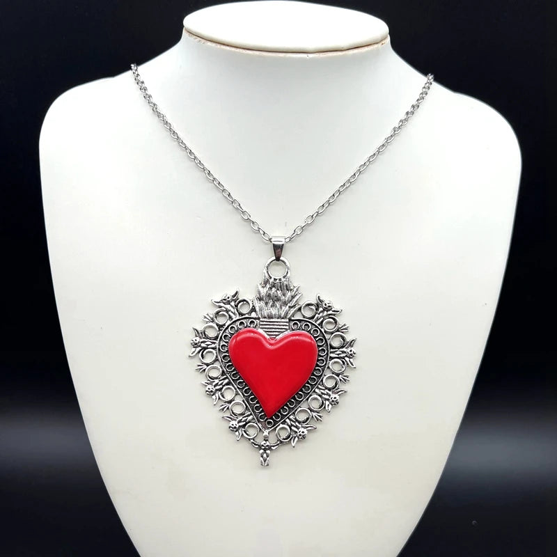 "Sacred Flaming Hearts" Mexican Milagros Gothic Vintage Inspired Zink Alloy Necklace