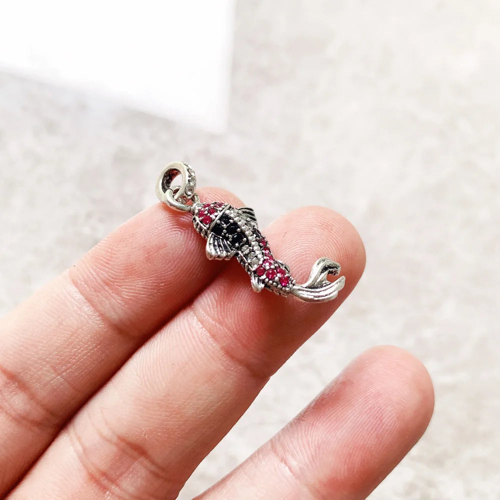 Red Koi Fish Pendant in Sterling Silver with Zircons
