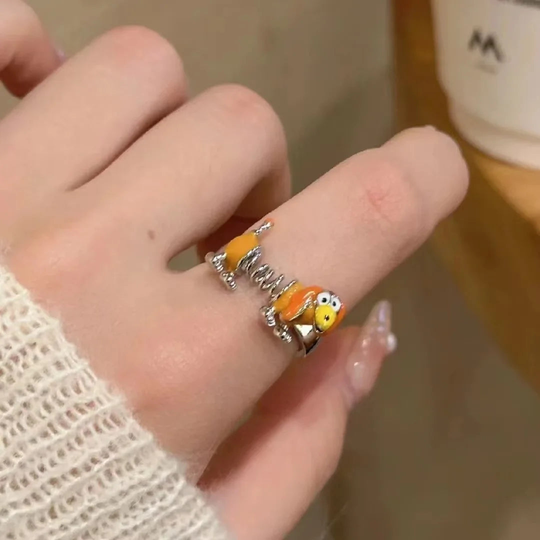 Spring Dog Ring in Zinc Alloy - Adjustable, Cartoon Dog, Orange