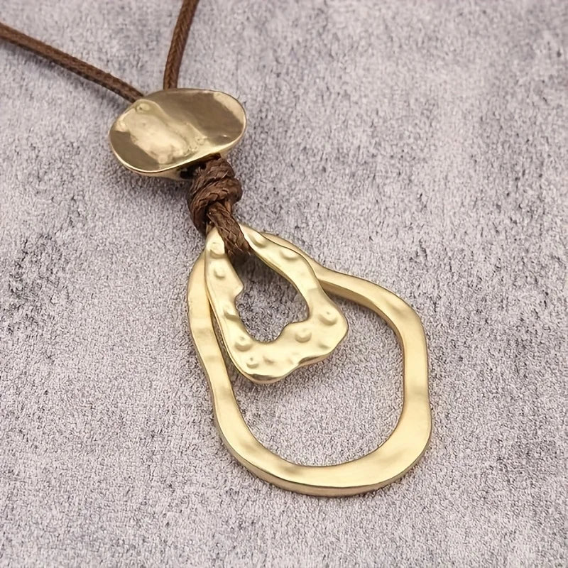 Long Geometric Edge Pendant Alloy Leather Rope Necklace
