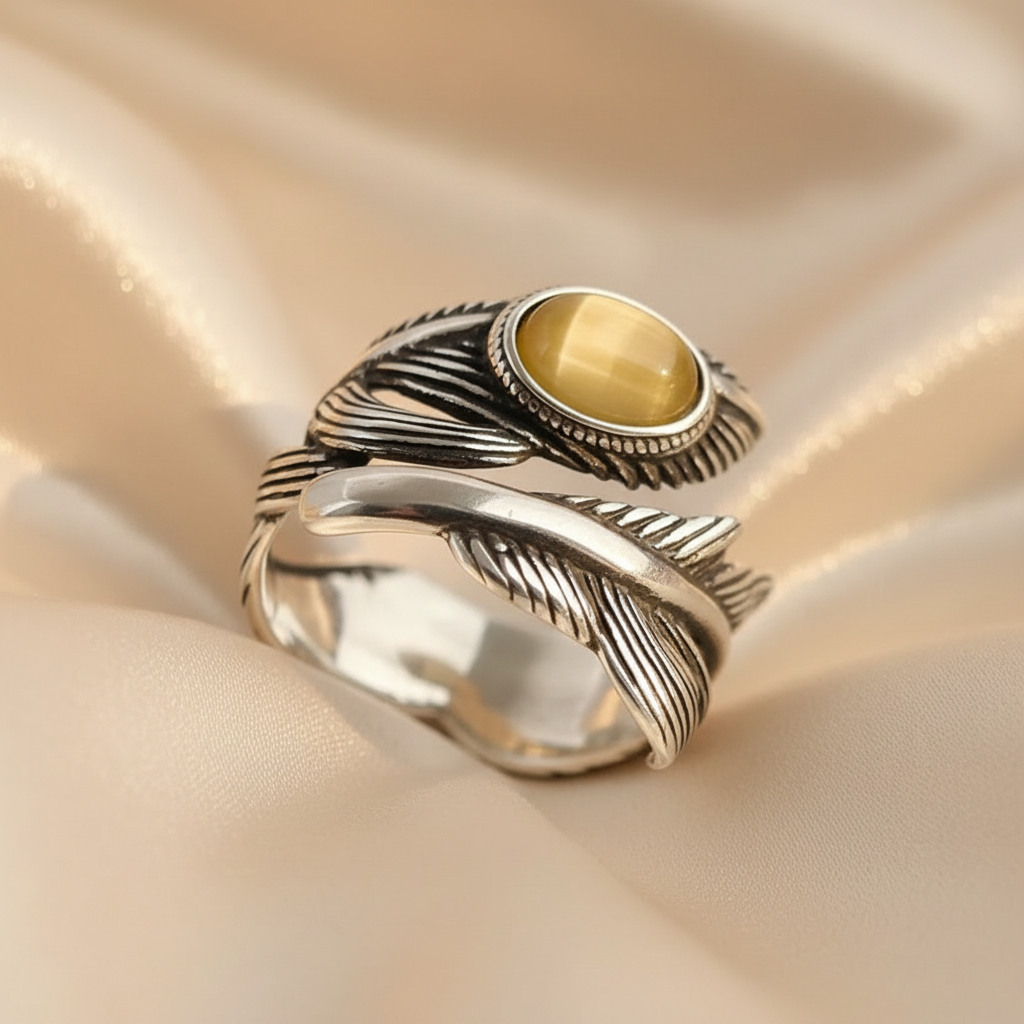 925 Sterling Silver Citrine Feather Adjustable Ring