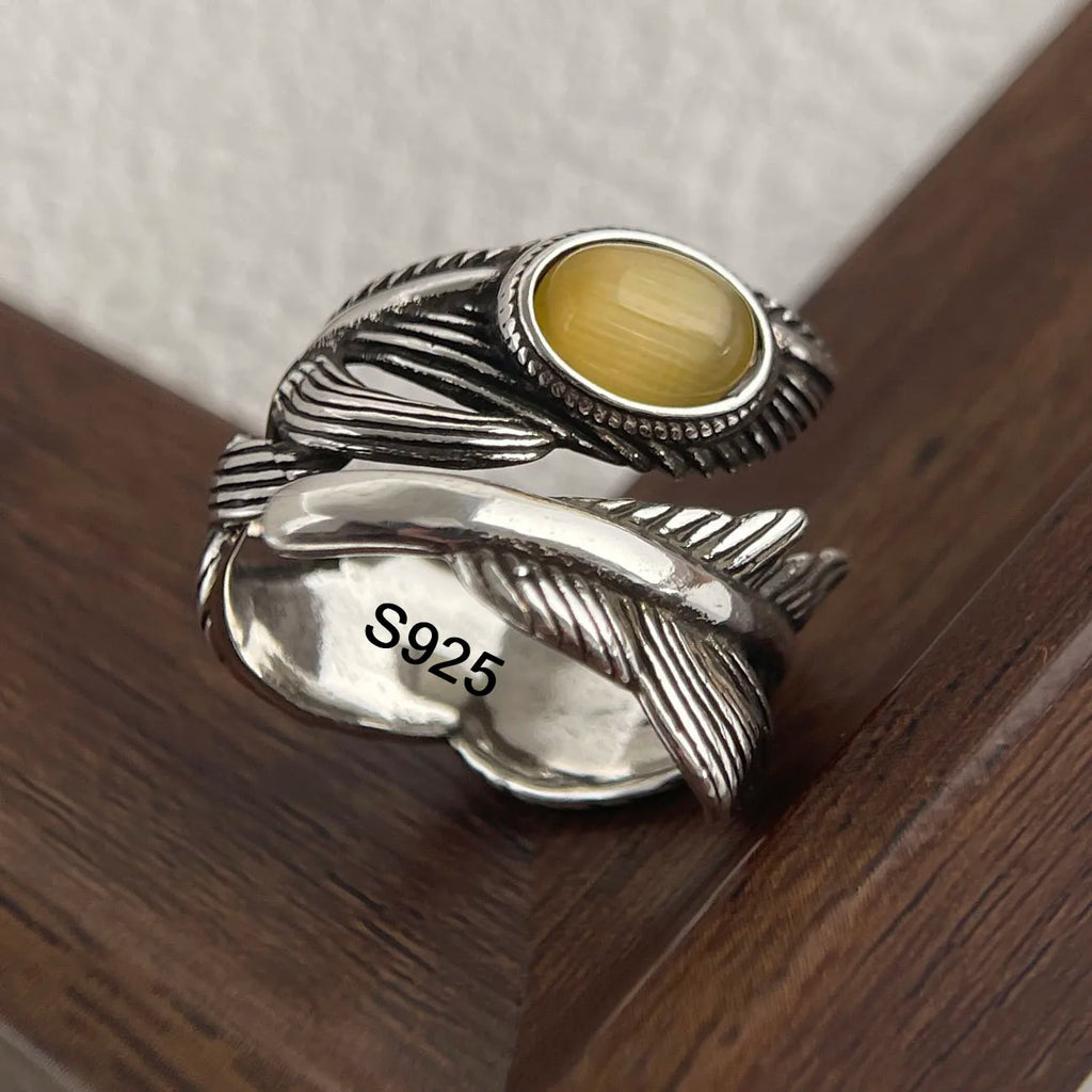 925 Sterling Silver Citrine Feather Adjustable Ring
