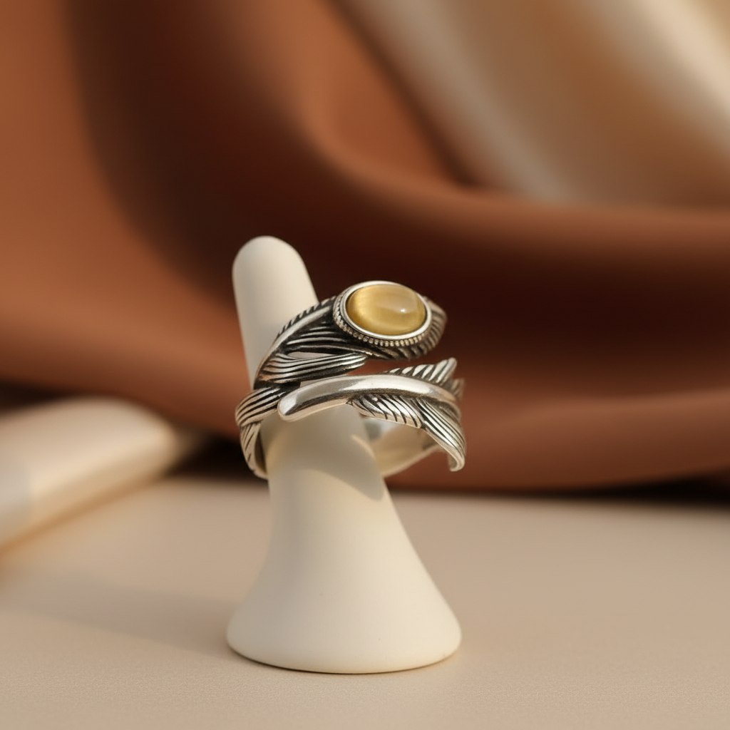 925 Sterling Silver Citrine Feather Adjustable Ring