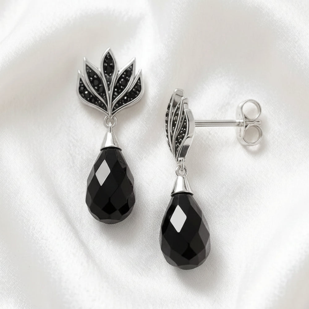Black Flame Water Drop Earrings in 925 Sterling Silver with Zircons