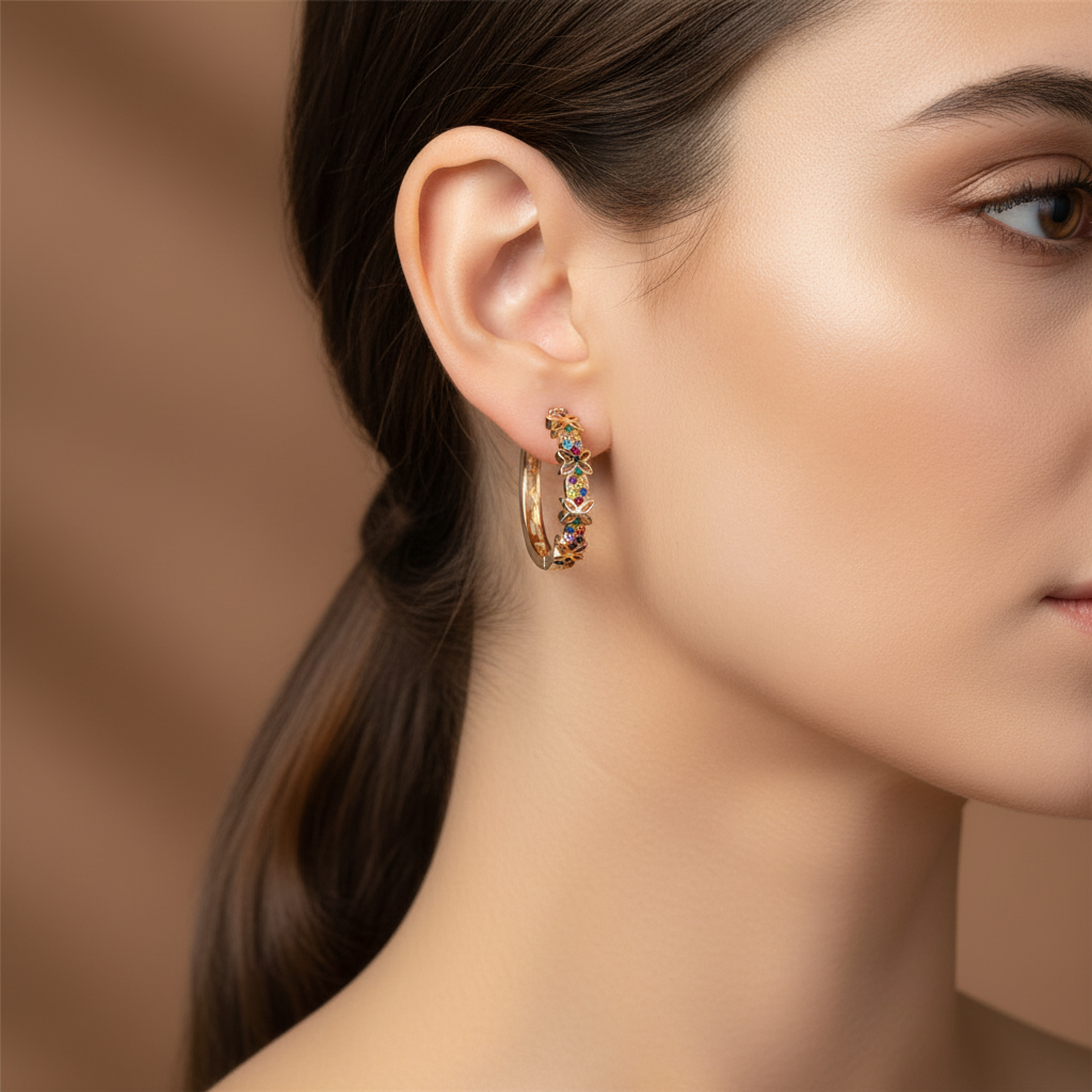 Flower Hoop Earrings in Copper Alloy with Cubic Zirconia Stones