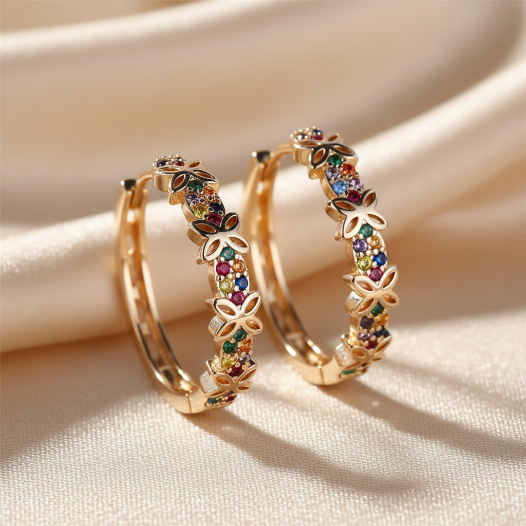 Flower Hoop Earrings in Copper Alloy with Cubic Zirconia Stones