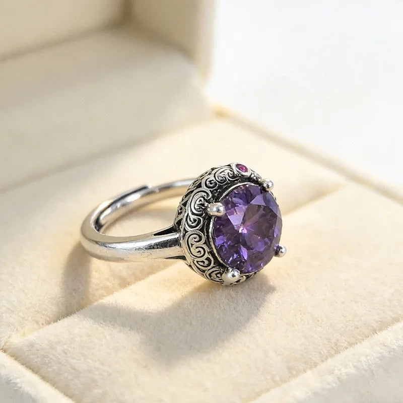925 Sterling Silver Large Purple CZ Stone Adjustable Ring