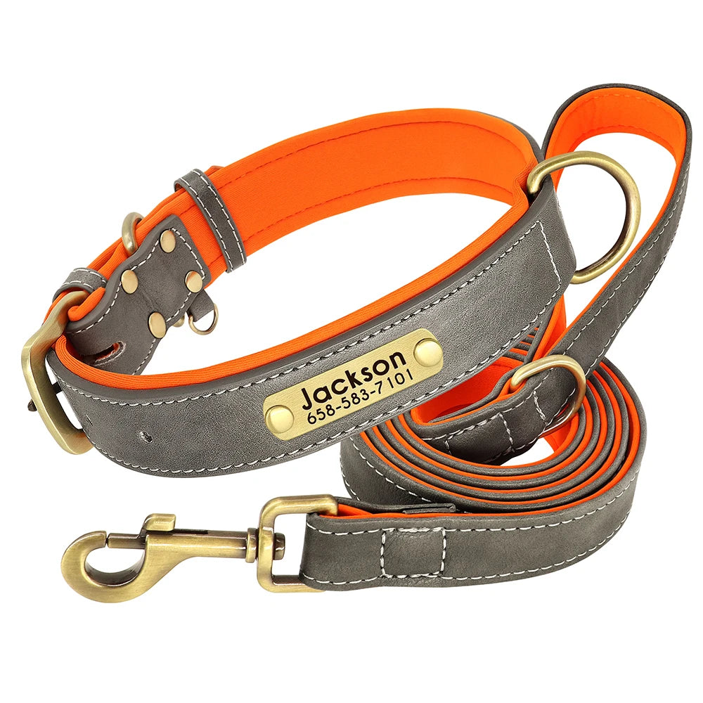 Quality Faux Leather Dog Collar Leash Set - Customize, Engrave, Name Tag