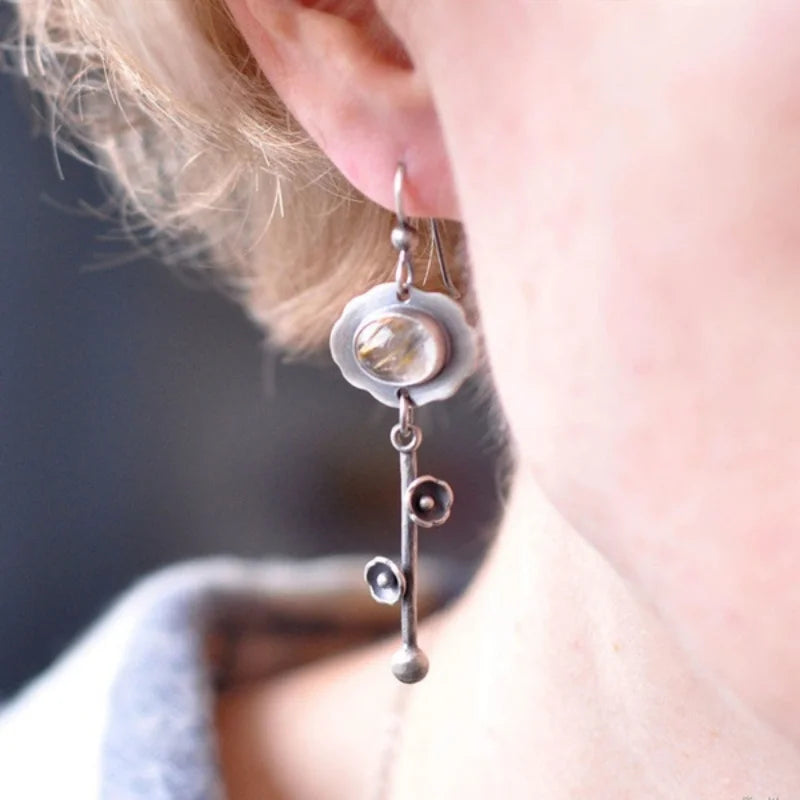 Vintage Inspired Round Stone Flower Alloy Asymmetrical Earrings