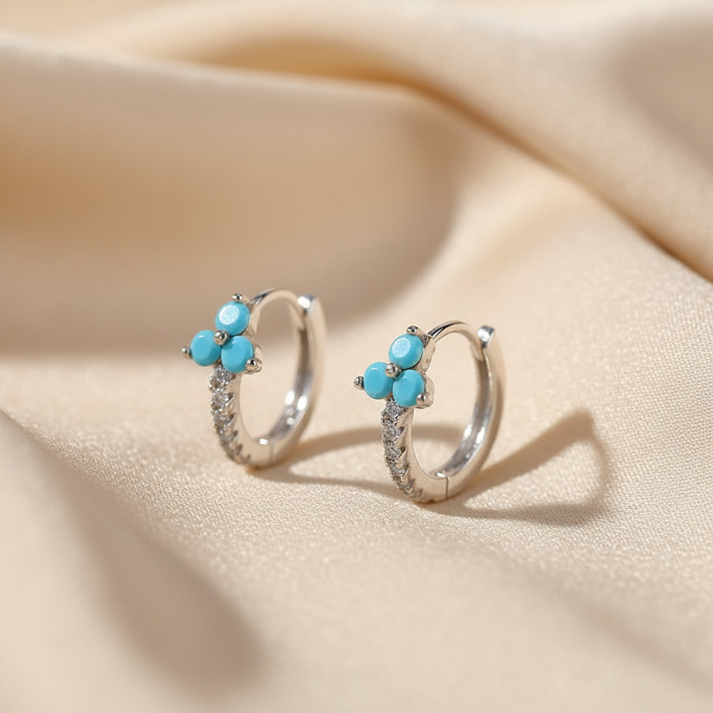 Dainty Hoop 3 Petals Turquoise Flower Alloy Earrings