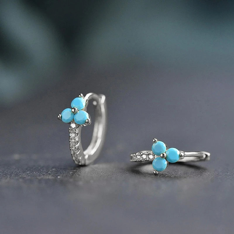 Dainty Hoop 3 Petals Turquoise Flower Alloy Earrings