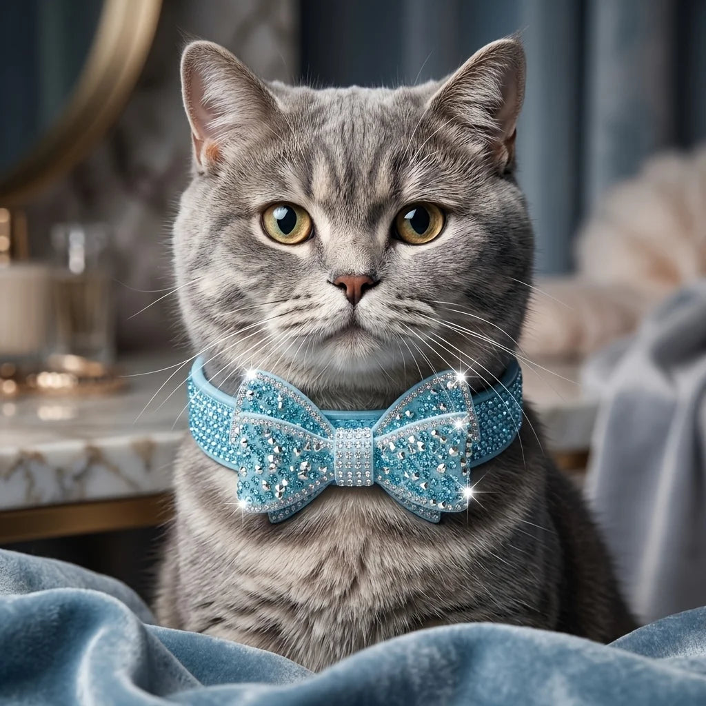 Beautiful PU Leather Pet Collar with Rhinestone Bow - Princess Style, No Choke, Secure Stones