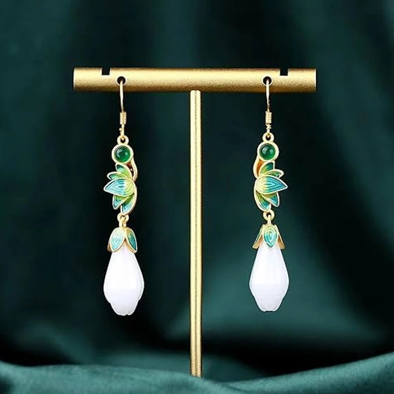 925 Sterling Silver Lotus Flower Jade Stone Drop Earrings