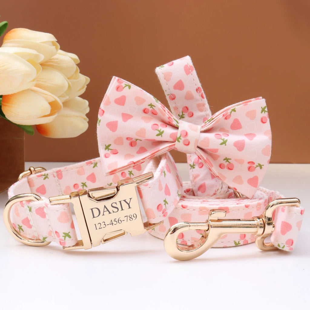 Elegant Fabric Customizable Dog Collar Set - Name Tag, Zinc Alloy Setting, Girly