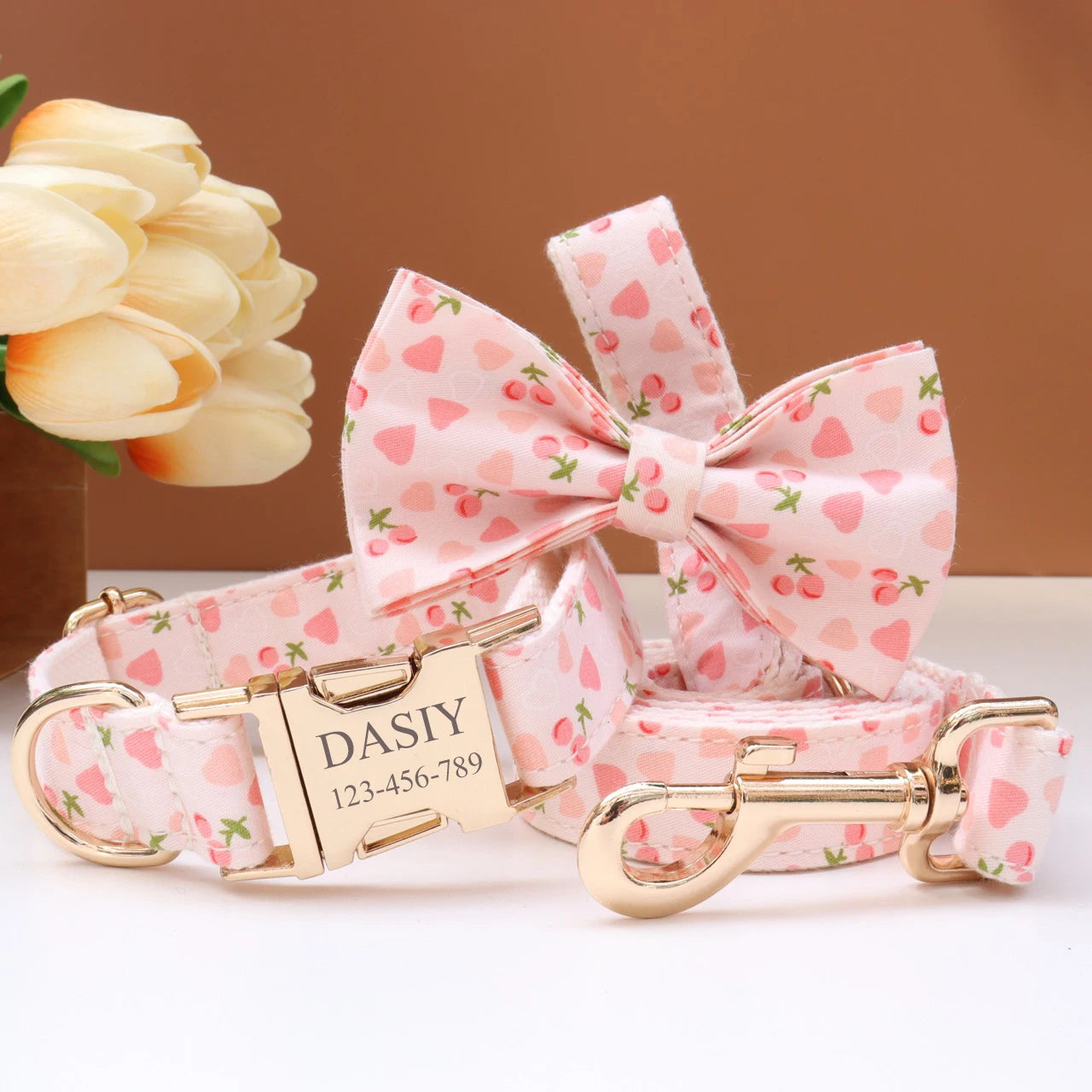 Elegant Fabric Customizable Dog Collar Set - Name Tag, Zinc Alloy Setting, Girly