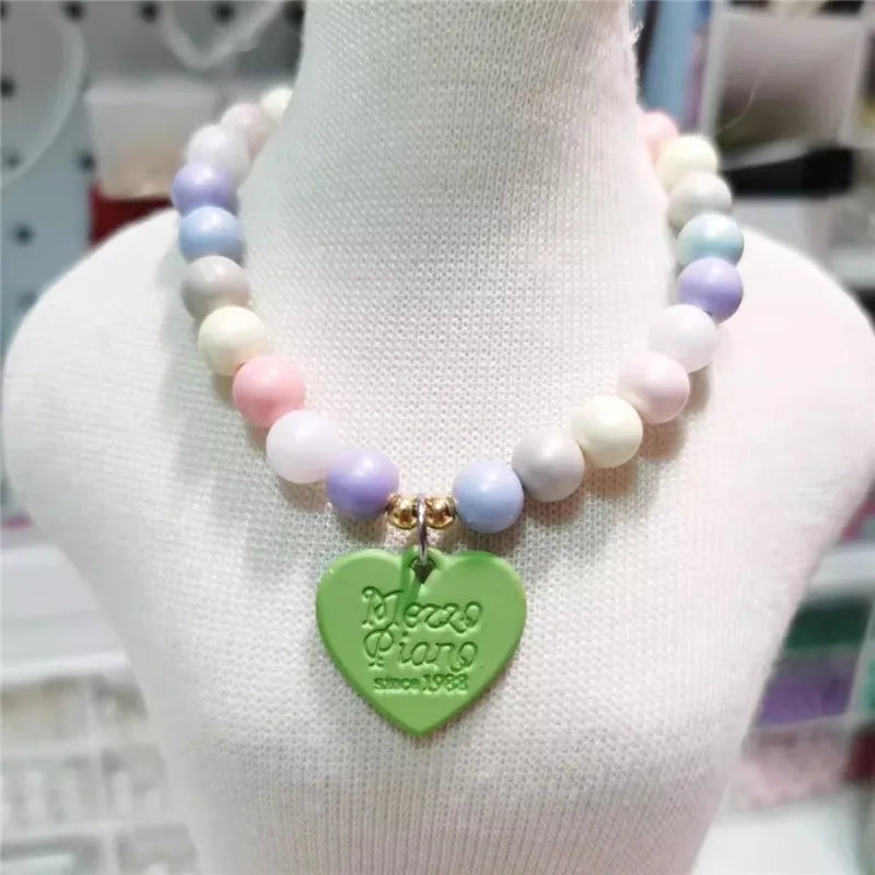 Customizable Heart Alloy Pendant Colorful Resin Bead Necklace for Cats & Dogs - Name Tag