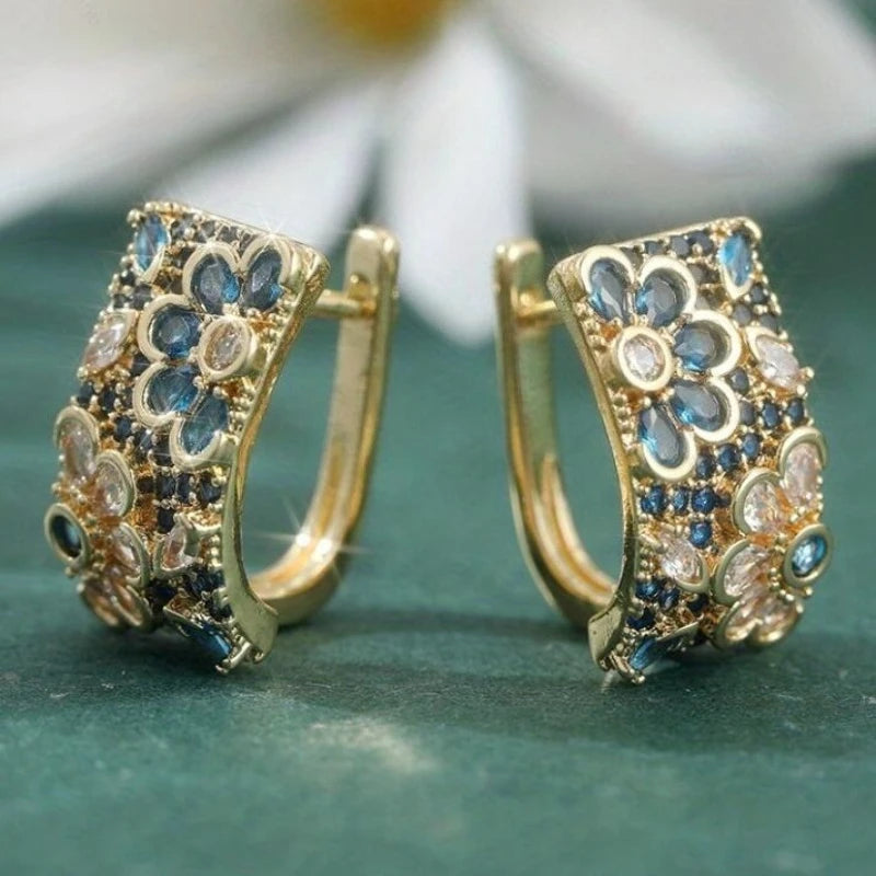 Retro Zircon Blue Flower Hoop Alloy Earrings