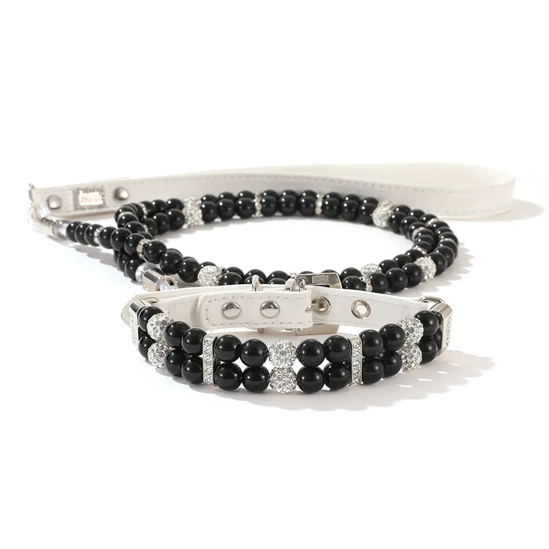 Fashionable Faux Pearl Crystals Adjustable Collar & Leash