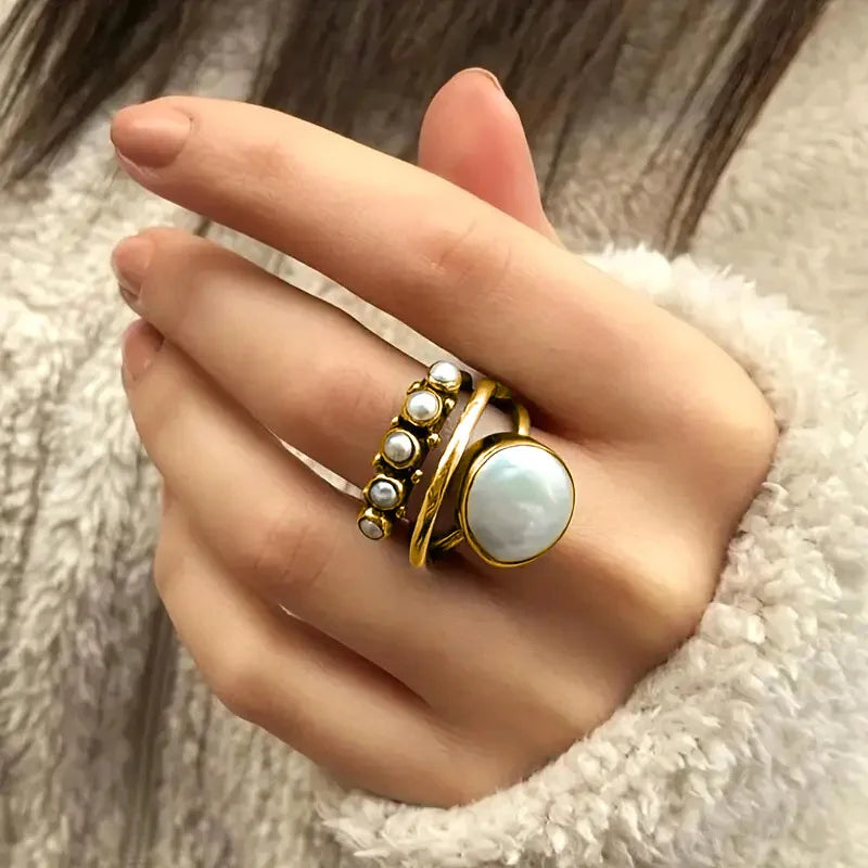Vintage Inspired Simulated Pearl Stackable White Copper Ring - Bold, Unusual, Statement