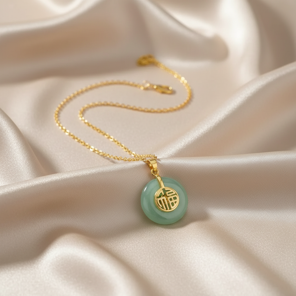 Good Fortune Jade Pendant Necklace in Stainless Steel
