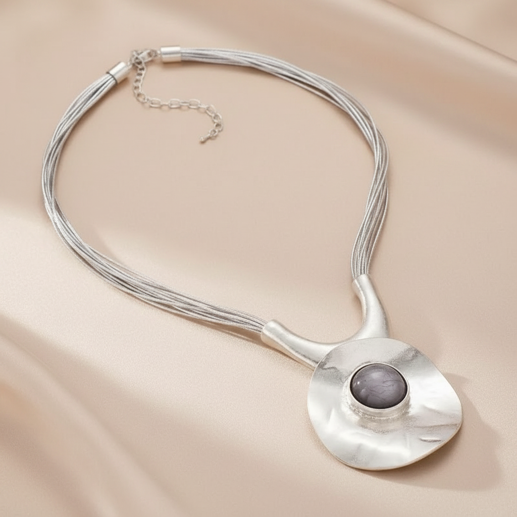 Large Metal Oval Hollow Geometric Alloy Pendant & Stone on Adjustable Multilayered Rope Chain