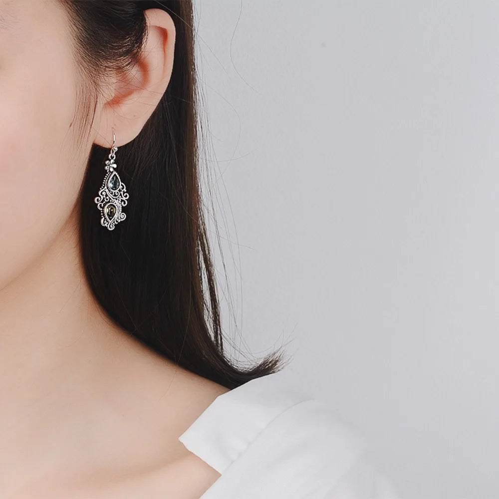 Retro Court Style Sea Blue Topaz Flower Water Droplet Dangle Alloy Earrings