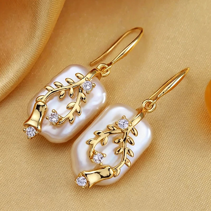 Gold Tone Copper Earrings with Faux Pearls & Zircons
