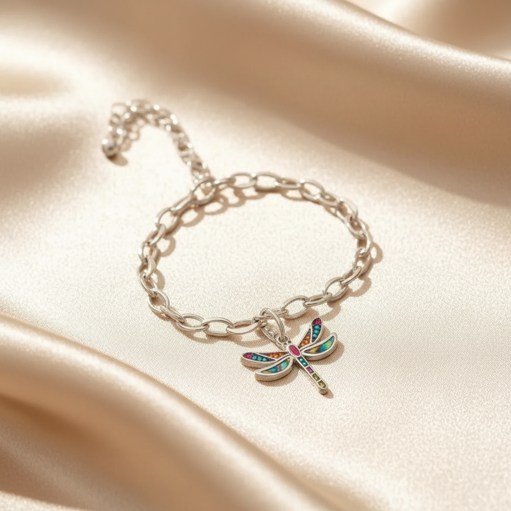 925 Sterling Silver Dragonfly Multicolor Zircon Charm Pendant Bracelet