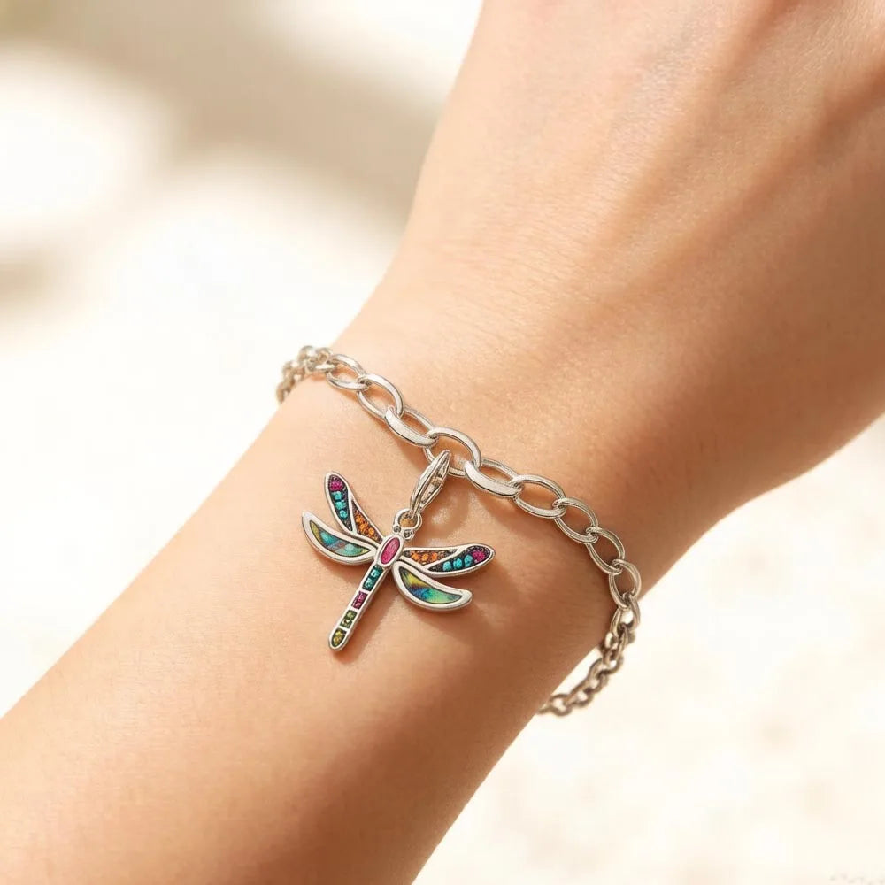925 Sterling Silver Dragonfly Multicolor Charm Bracelet